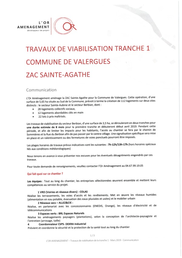 travaux de viabilisation Zac Ste Agathe 1 2019