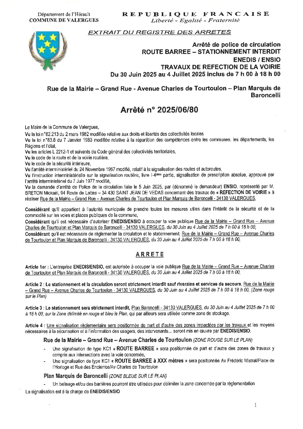 2025 05 80 ENEDIS - ENSIO Police de circulation ROUTE BARREE Rue de la Mairie 30 06 25